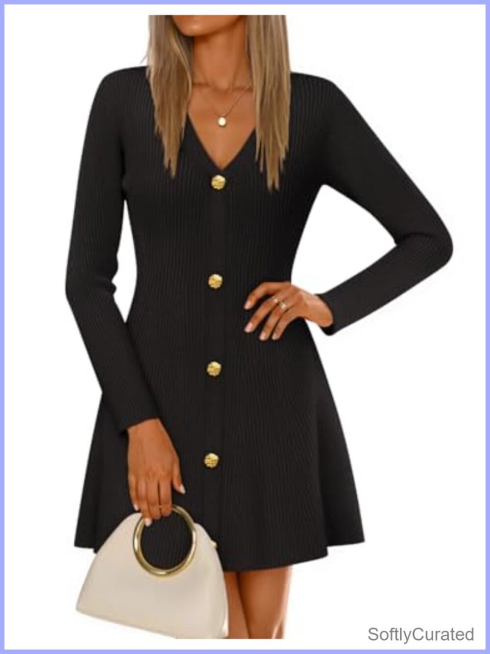 Long Sleeve V Neck Sweater Mini Dress A-Line Pullover Knit